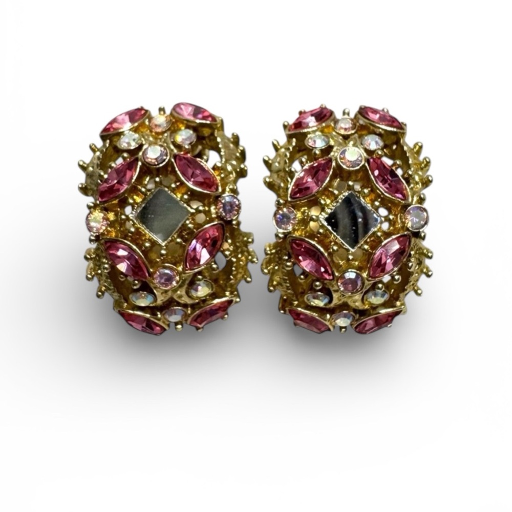 ST JOHN Vintage Gold and Pink Crystal Clip-on Earrings - Picture 3 of 10
